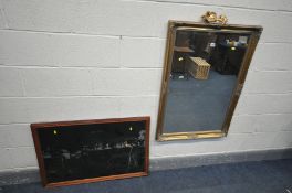A LATE 20TH CENTURY GILT FRAMED BEVELLED EDGE WALL MIRROR, and a later loose surmount, 103cm x 72cm,