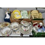 THREE BOXES AND LOOSE CERAMICS AND GLASSWARES, to include a boxed Royal Doulton Anna HN4095 figurine