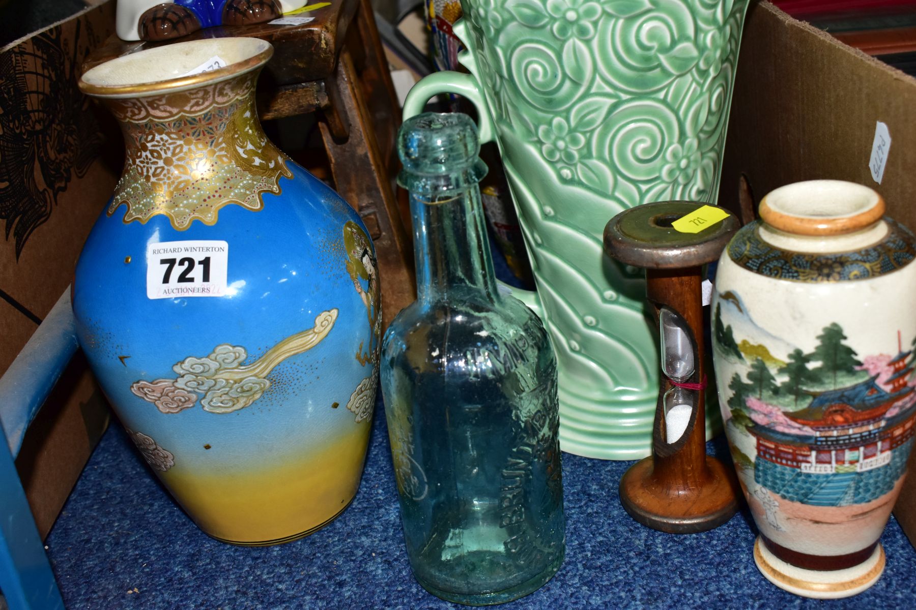 A BOX AND LOOSE SUNDRY ITEMS ETC, to include a Japanese satsuma vase with three female figures on - Image 2 of 5