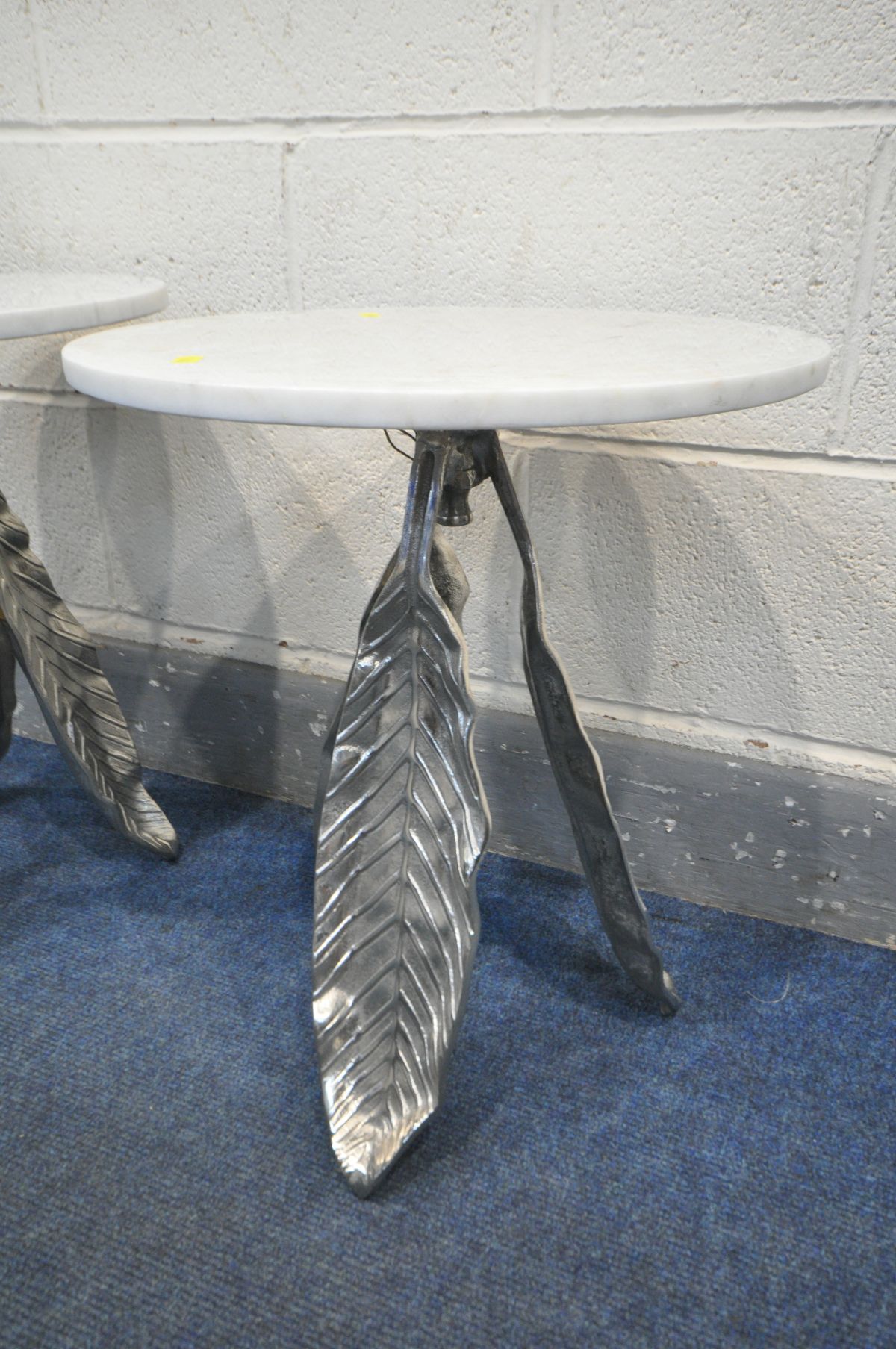 A PAIR OF WHITE CIRCULAR MARBLE TOP SIDE TABLES, on a three silvered leaves support, diameter 41cm x - Image 2 of 3