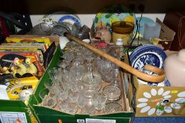 FIVE BOXES AND LOOSE CERAMICS, GLASSWARES, BOOKS AND SUNDRY ITEMS, to include a thirty piece