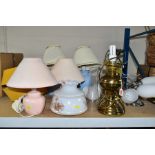 DECORATIVE HOUSEHOLD LIGHTING, comprising matching chrome ceiling and wall lights, brass oil lamp