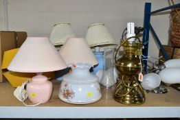 DECORATIVE HOUSEHOLD LIGHTING, comprising matching chrome ceiling and wall lights, brass oil lamp