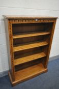 A JAYCEE OAK OPEN BOOKCASE, with three adjustable shelves, width 98cm x depth 35cm x height 141cm