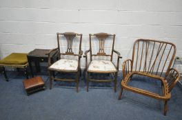 AN ERCOL JUBILEE ASH ARMCHAIR (no seat straps and cushions) along with a pair of Edwardian elbow