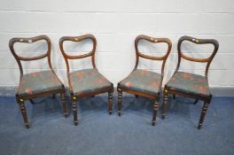 A SET OF FOUR VICTORIAN ROSEWOOD BALLOON BACK CHAIRS, with green and floral drop in seat pads, on