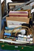 TWO BOXES AND LOOSE VINTAGE ART AND CRAFT MATERIALS, PICTURES AND FRAMES, to include a boxed WM