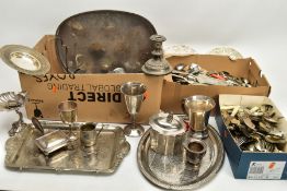 TWO BOXES OF ASSORTED WHITE METAL WARE AND CUTLERY, to include an oval pierced tray, a rectangular
