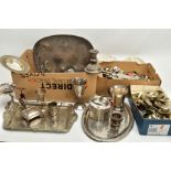 TWO BOXES OF ASSORTED WHITE METAL WARE AND CUTLERY, to include an oval pierced tray, a rectangular