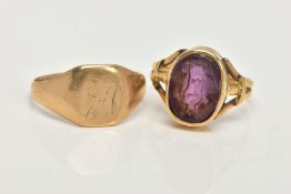 A 9CT GOLD SIGNET RING AND A YELLOW METAL RING, the signet of a square form with worn initials,