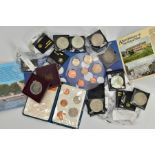 A BAG OF COINS AND COMMEMORATIVES, to include a British first decimal coin set, a 'United Kingdom