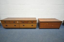 A MID CENTURY TEAK EFFECT LOW SIDEBOARD, with an arrangement of six drawers, width 147cm x depth