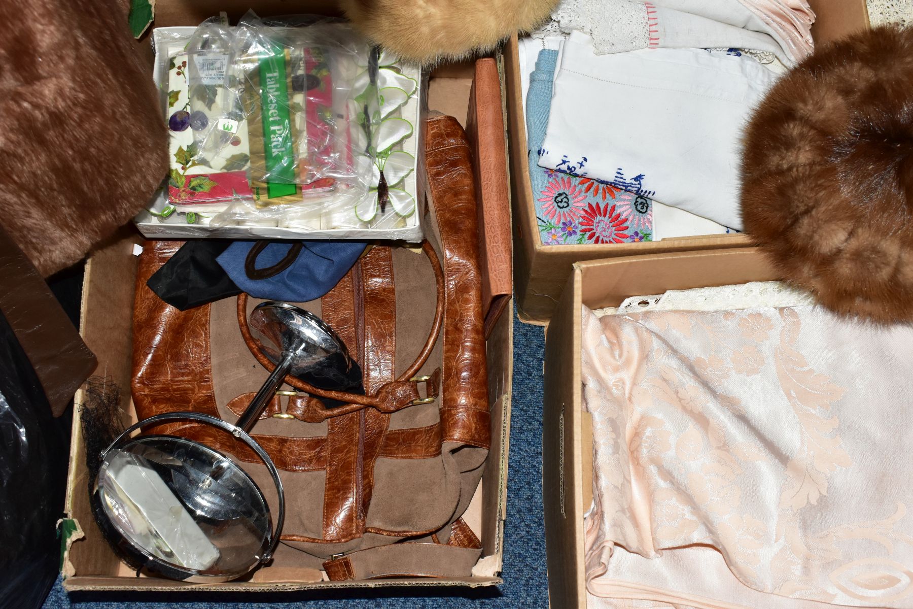 THREE LADIES FUR COATS, A SQUIRREL FUR STOLE, THREE BOXES OF TABLE LINEN, ETC, including a three - Image 4 of 10