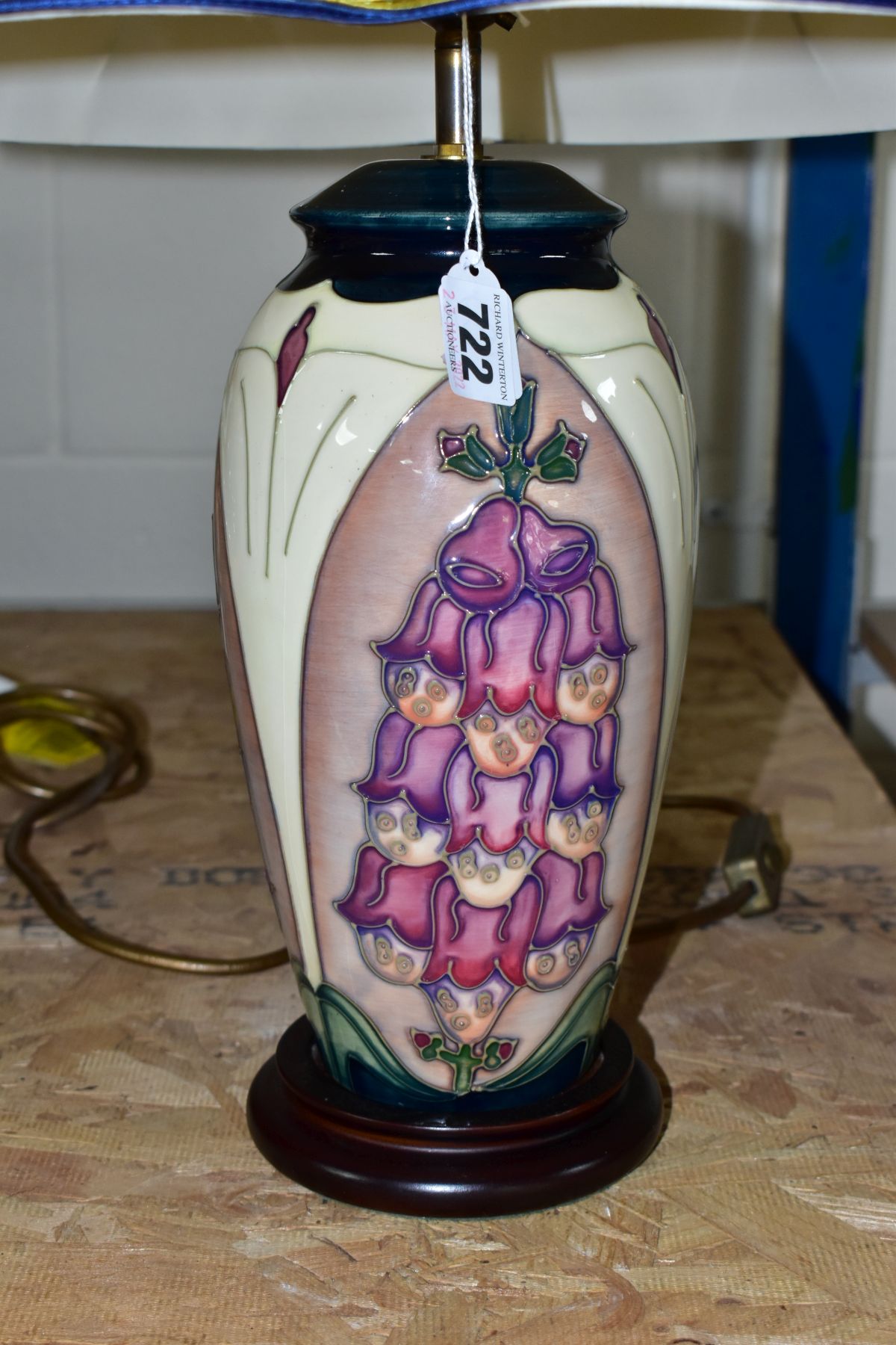 A MOORCROFT POTTERY FOXGLOVE PATTERN TABLE LAMP, designed by Rachel Bishop, with lampshade, - Image 2 of 7