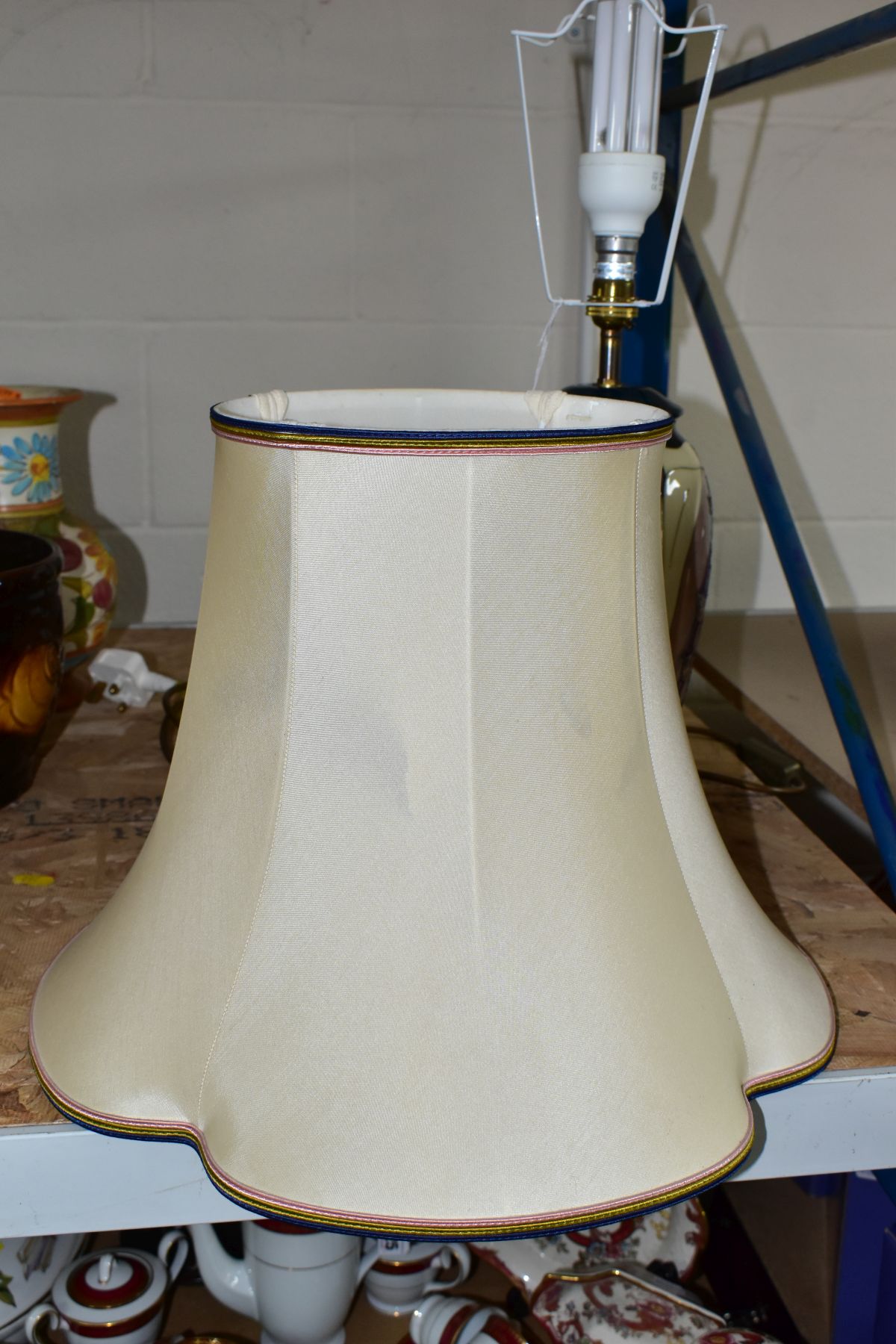 A MOORCROFT POTTERY FOXGLOVE PATTERN TABLE LAMP, designed by Rachel Bishop, with lampshade, - Image 6 of 7