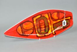 A POOLE POTTERY DELPHIS SPEAR SHAPED PLATTER, orange, red and green glazes, printed factory marks