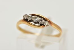 A YELLOW METAL FIVE STONE DIAMOND RING, designed with a row of graduating single cut diamonds,
