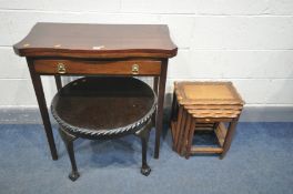 A MAHOGANY SERPENTINE FOLD OVER TEA TABLE, with a single drawer, width 77cm x open depth 82cm x