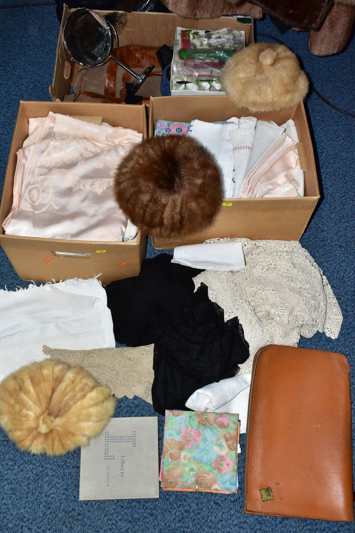 THREE LADIES FUR COATS, A SQUIRREL FUR STOLE, THREE BOXES OF TABLE LINEN, ETC, including a three - Image 2 of 10