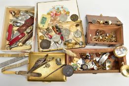 A BOX OF ASSORTED ITEMS, to include a brass cigarette box with an engine turned design, a cigar