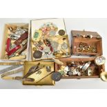 A BOX OF ASSORTED ITEMS, to include a brass cigarette box with an engine turned design, a cigar