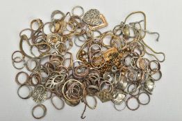 A BOX OF ASSORTED YELLOW AND WHITE METAL, a box containing a mix of rings bangles and other assorted