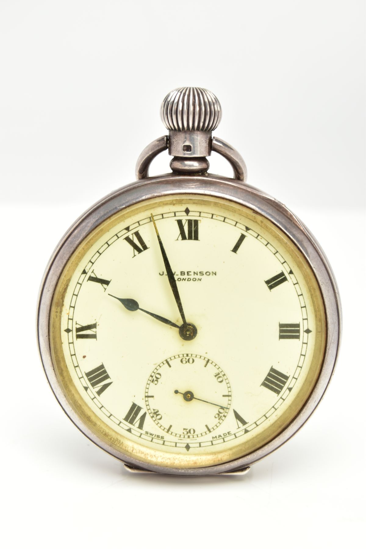 A SILVER 'J.W.BENSON' OPEN FACE POCKET WATCH, round white ceramic dial signed 'J.W.Benson,