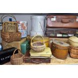 A QUANTITY OF VINTAGE LUGGAGE, BASKETS, ETC, to include four brown vintage suitcases, most with