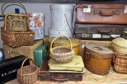 A QUANTITY OF VINTAGE LUGGAGE, BASKETS, ETC, to include four brown vintage suitcases, most with