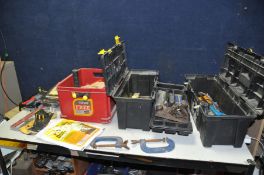 TWO TOOLBOXES AND A TRAY CONTAINING TOOLS including two Record G clamps, an unbranded wood plane,