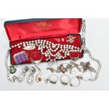 A BAG OF JEWELLERY, to include a silver Celtic designed hinged bangle, fitted with a latch clasp and