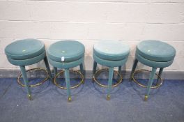 A SET OF FOUR GREEN VELOUR UPHOLSTERED CIRCULAR HIGH STOOLS, diameter 42cm x height 66cm, and a pair
