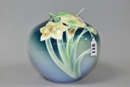 A FRANZ PORCELAIN SQUAT BALUSTER VASE MOULDED AND PIERCED WITH DAFFODILS, blue / green ground,
