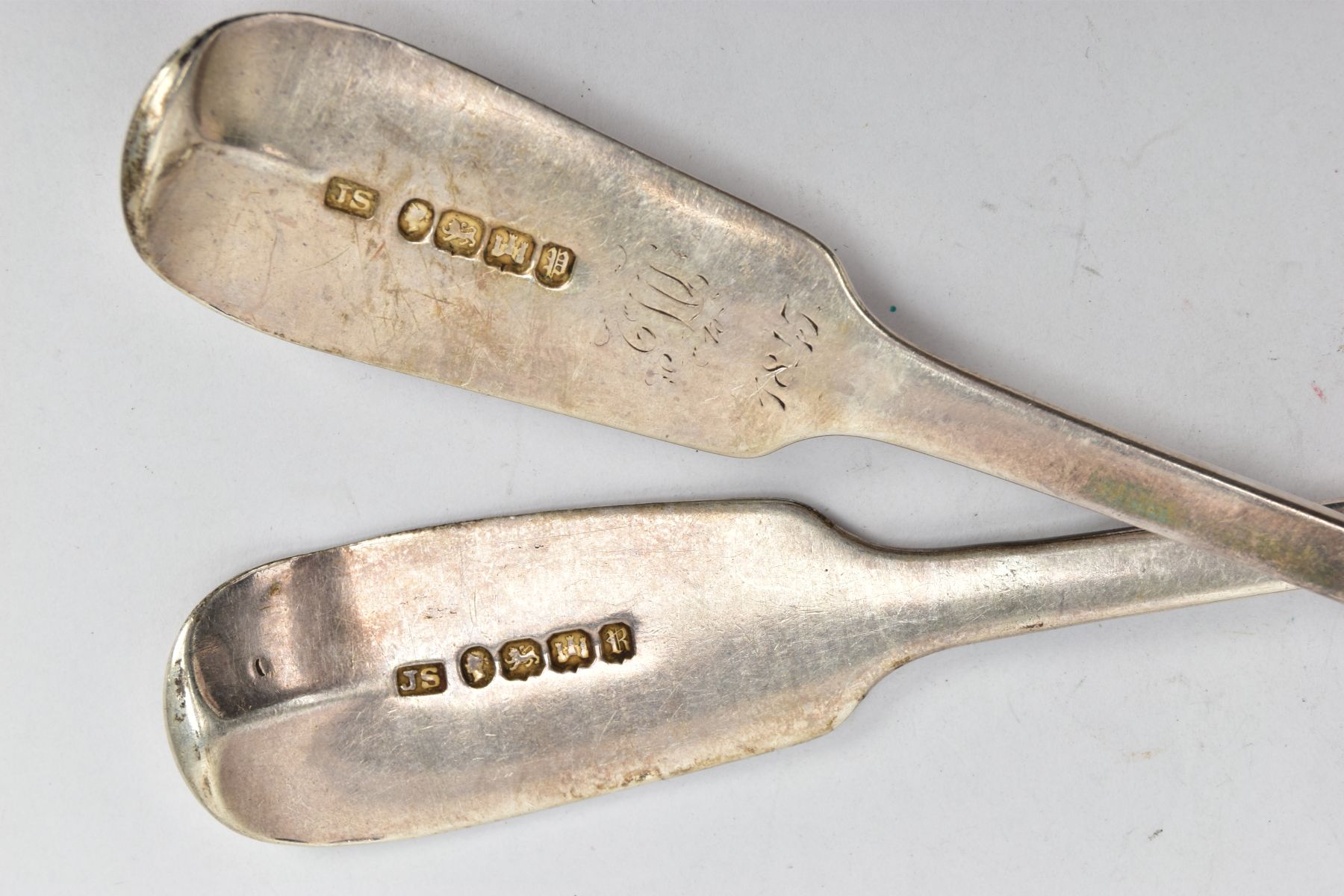 TWO MID-VICTORIAN SERVING SPOONS, fiddle pattern serving spoons, each with worn engravings to the - Image 4 of 4