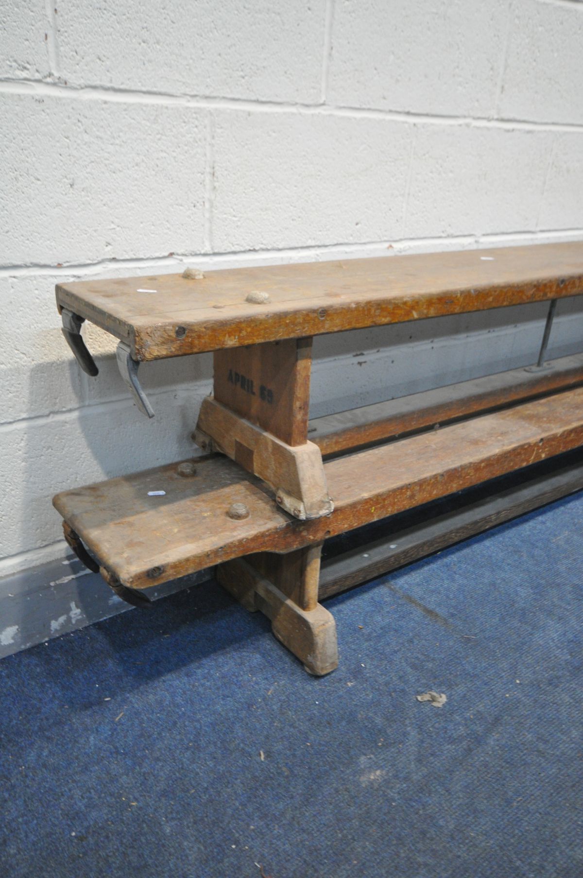 TWO MID CENTURY STAINED BEECH SCHOOL BENCHES, length 177cm and 167cm (condition:- finish in - Image 2 of 2