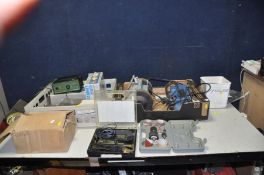 TWO TRAYS CONTAINING POWER AND HAND TOOLS including a Minicraft Power Supply, a Minicraft Auto