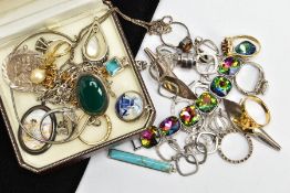 A BOX OF JEWELLERY, to include a white metal hinged bangle set with a green cabochon stone to the