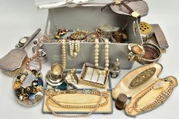 A BOX OF ASSORTED COSTUME JEWELLERY AND OTHER ITEMS, to include a three piece silver plated vanity