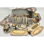 A BOX OF ASSORTED COSTUME JEWELLERY AND OTHER ITEMS, to include a three piece silver plated vanity