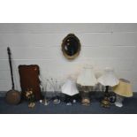 A SELECTION OF TABLE LAMPS, to include a French metal table lamp, a chrome column lamp, and four