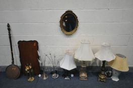 A SELECTION OF TABLE LAMPS, to include a French metal table lamp, a chrome column lamp, and four