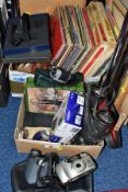 THREE BOXES OF RECORDS, CAMERAS, POSTCARDS AND SUNDRY ITEMS, to include approximately one hundred