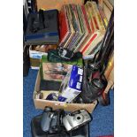 THREE BOXES OF RECORDS, CAMERAS, POSTCARDS AND SUNDRY ITEMS, to include approximately one hundred