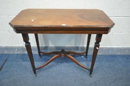 A 19TH CENTURY MAHOGANY AND INLAID FOLD OVER CARD TABLE, ebonised trim, purple baize surface, on