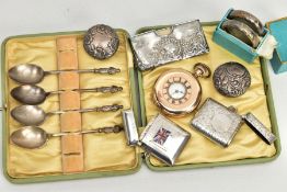 A BOX OF ASSORTED SILVER ITEMS, to include a silver vesta, detailed with a foliage pattern,