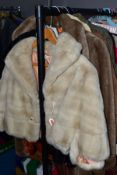 FIVE LADIES COATS AND A FUR STOLE, including a Femine Furs of London short astrakan jacket, a