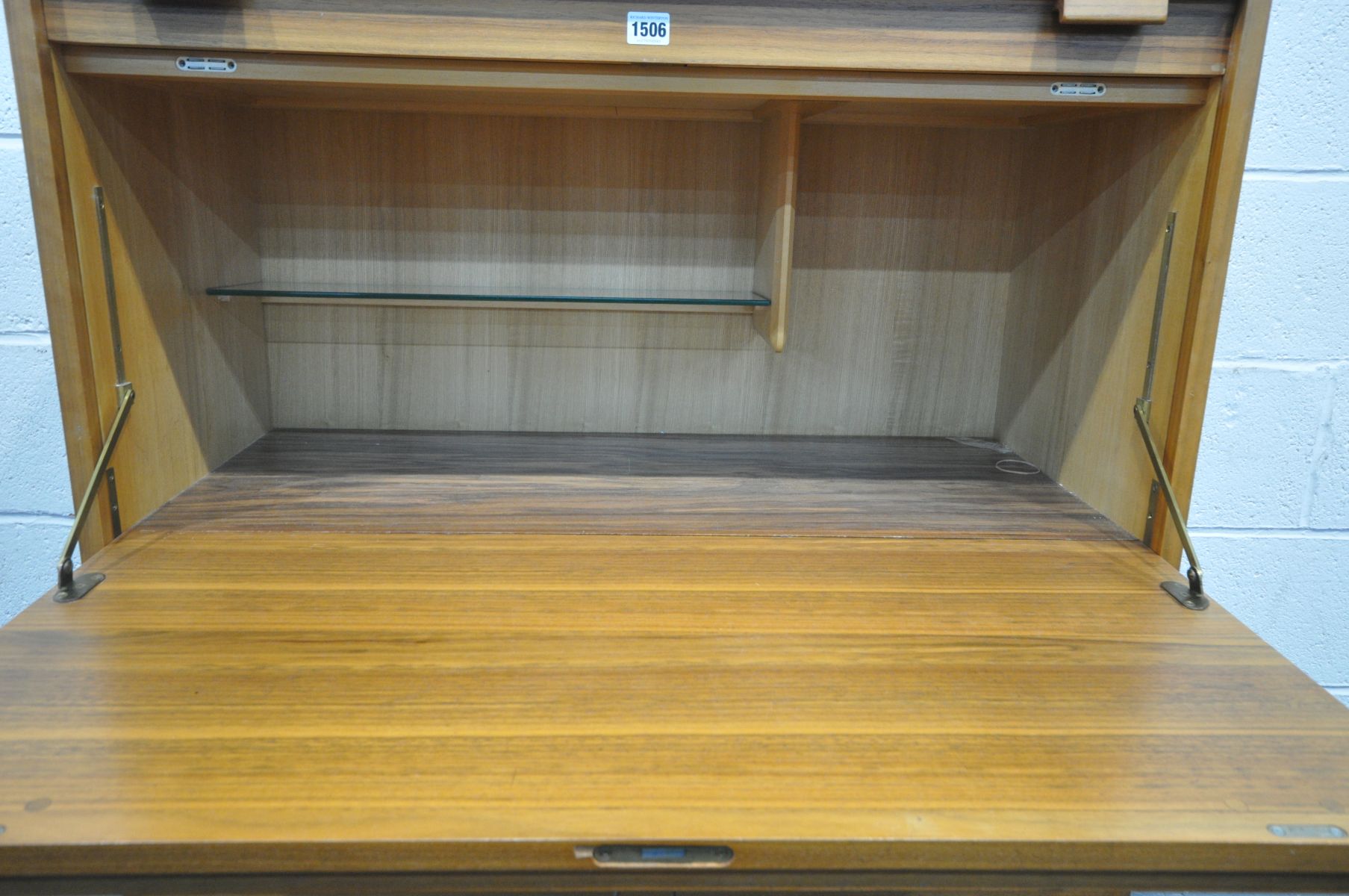 A MID CENTURY DANISH STYLE WALNUT FALL FRONT BUREAU, with a single drawer, above the fall front - Image 2 of 2