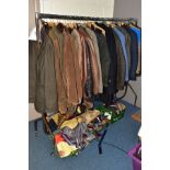 A QUANTITY OF GENTS CLOTHING IN FOUR BOXES AND LOOSE, approximately forty three coats, jackets and