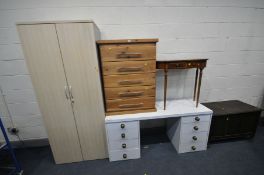 A WHITE VENEER DESK WITH TWO BANKS OF FOUR DRAWERS, length 153cm x depth 52cm x height 70cm a pine