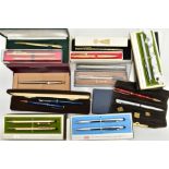 A BOX OF ASSORTED PENS, to include boxed and unboxed pens such as a boxed two piece 'Cross' gold